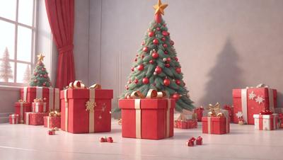 The primary subject of the image is a Christmas tree, which is adorned with ornaments and presents. The setting is a room with a table, and the visual style is a painting or drawing. The colors and mood of the image are festive and joyful, with red and green being the dominant colors.